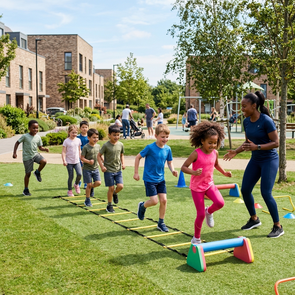 Coach running active coordination activities with kids outdoors